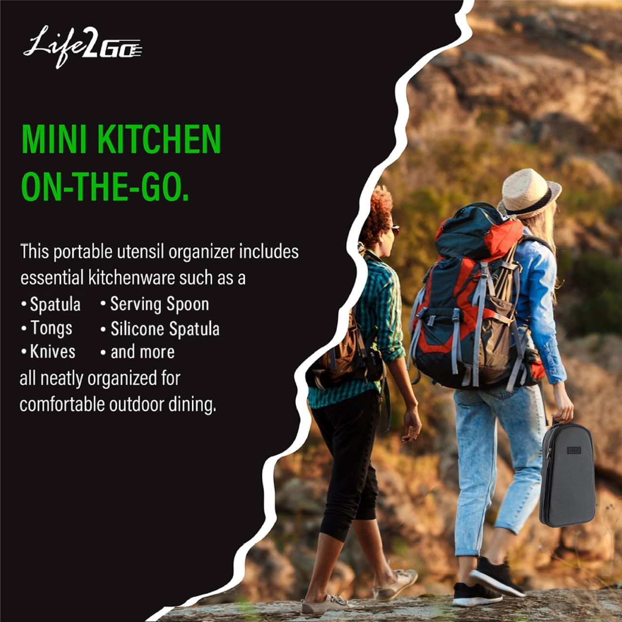 Life 2 Go Camp Cooking Utensil Set & Outdoor Kitchen Gear Cookware Kit, Portable Compact Carry Case for Camping, Hiking, Travel, BBQ Grilling Stainless Steel Accessories Spoon & Fork