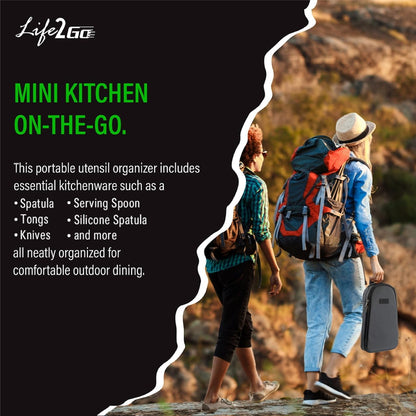 Life 2 Go Camp Cooking Utensil Set & Outdoor Kitchen Gear Cookware Kit, Portable Compact Carry Case for Camping, Hiking, Travel, BBQ Grilling Stainless Steel Accessories Spoon & Fork