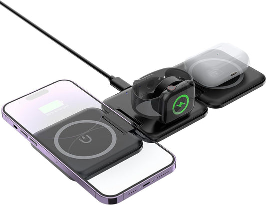 Wireless Charger, Magnetic Foldable 3 in 1 Wireless Charging Pad, Fast Travel Wireless Charging Station, Compatible with iPhone 14/13/12/Pro/Max,iWatch,AirPods 3/2/Pro