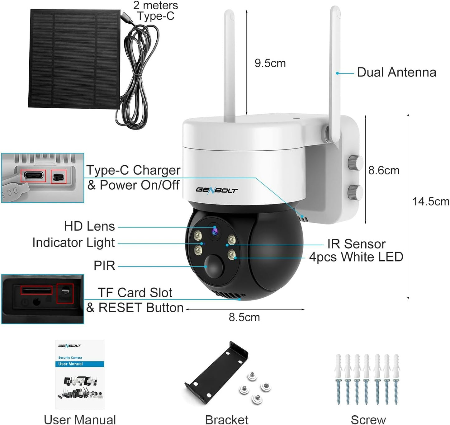 GENBOLT 2K Solar Security Camera Outdoor Wireless, WiFi Home Surveillance CCTV Camera Systems, Battery Powered PTZ IP Camera with PIR Detection, Color Night Vision, Two Way Audio