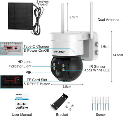 GENBOLT 2K Solar Security Camera Outdoor Wireless, WiFi Home Surveillance CCTV Camera Systems, Battery Powered PTZ IP Camera with PIR Detection, Color Night Vision, Two Way Audio