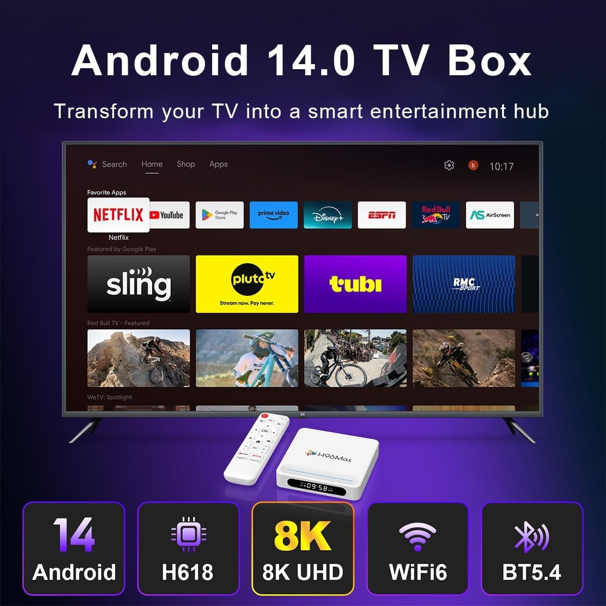 Android 14.0 TV Box 2025, LEFFOT H618 Plus 4K Ultra HD Set-top Box, Smart TV Box with 4GB RAM/32GB ROM, HDR10+, 2.4G & 5G Dual-Band WiFi 6, BT 5.0, Voice Control, Allwinner H618 Quad core 64 Bit A53