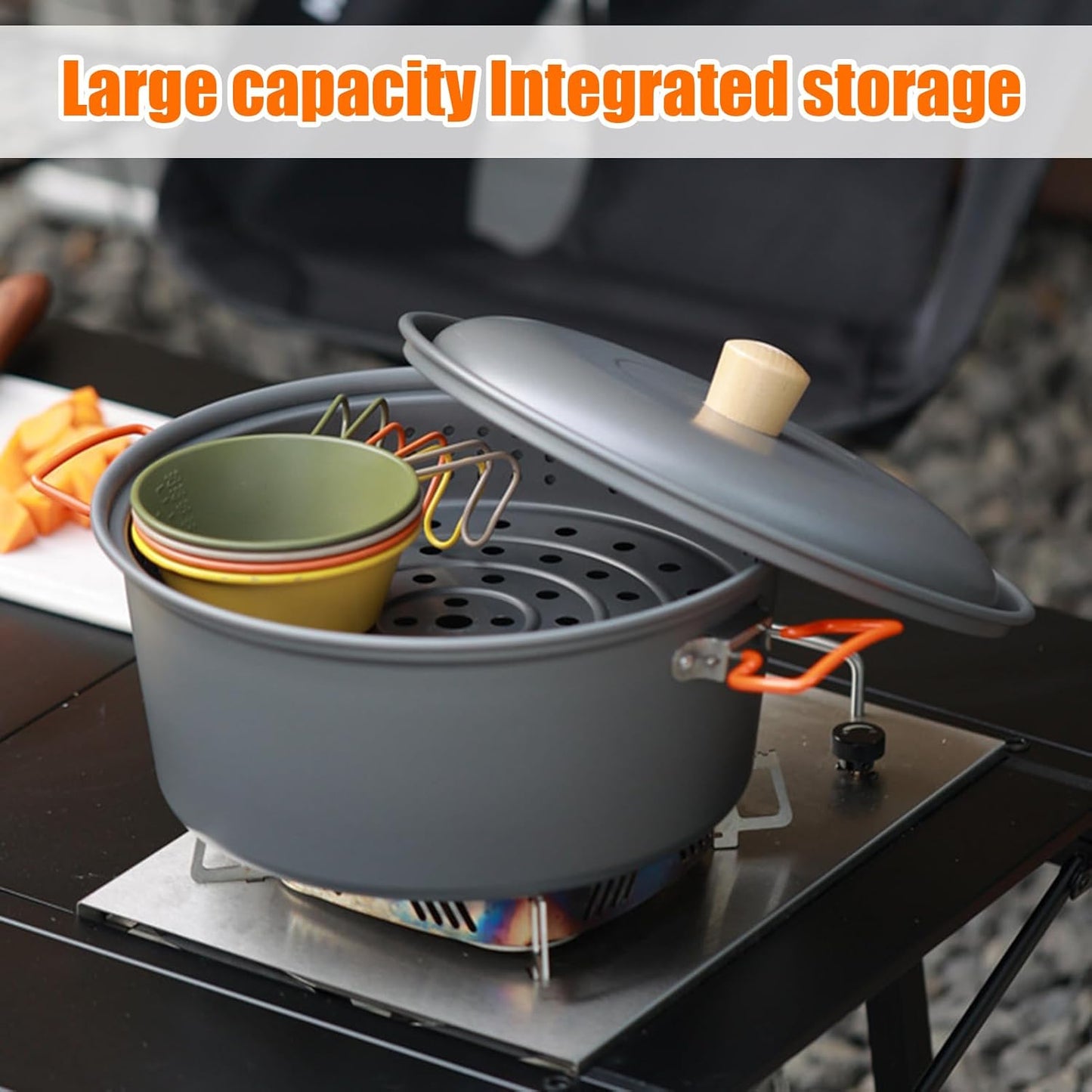 Camping Pot Portable Large Capacity Camp Pan Lightweight Heat Resistant Cooking Pot Outdoor Picnic Steamer Boiling Gear for Backpacking, Hiking, Travel, Campfire, Adventure