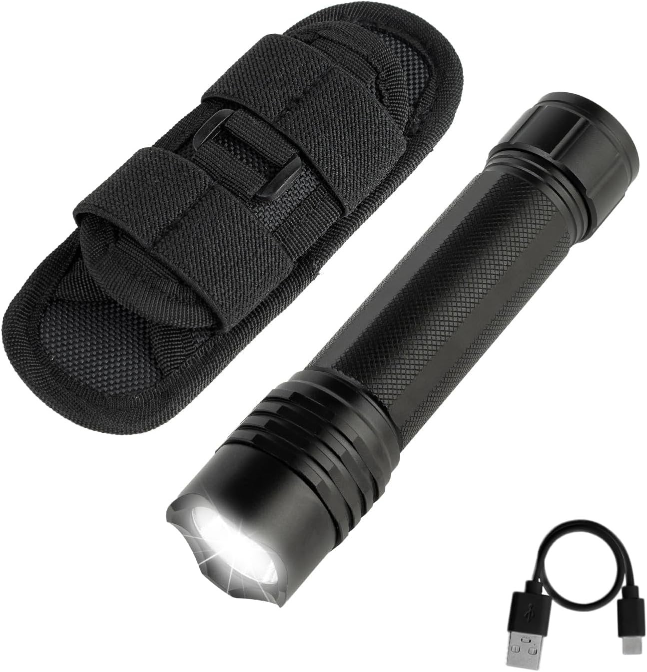 KunHe Rechargeable Flashlight High Lumens Duty Flashlight with Belt Holster Bright LED Tactical Flash Light with 4 Modes Long Lasting IPX7 Water Resistant for Security Police