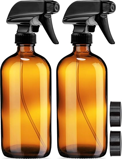 Empty Amber Glass Spray Bottles - 2 Pack - Large 16oz Refillable Bottle is Great for  Essential Oils, Plants, Cleaning Solutions, Hair Mister - Durable Nozzle w/Fine Mist and Stream Setting