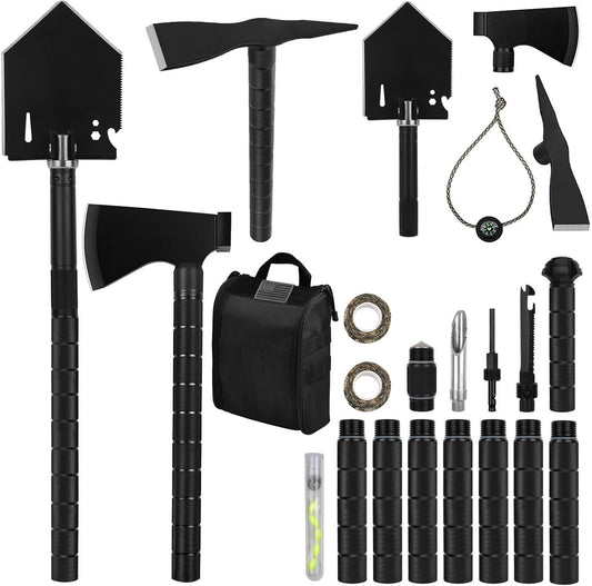 iunio Survival Shovel Axe Kit Camping Shovel Axe Off-Roading Multitool Folding Pickaxe with Hard Carrying Case for Outdoor, Car Emergency