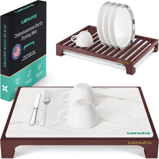 Lanuks Stone Drying Mat for Kitchen Counter |Drying Matt Kitchen Counter with Bamboo Dish Drying Rack |Diatomaceous Earth Dish Drying Mat (Cherry Stand)