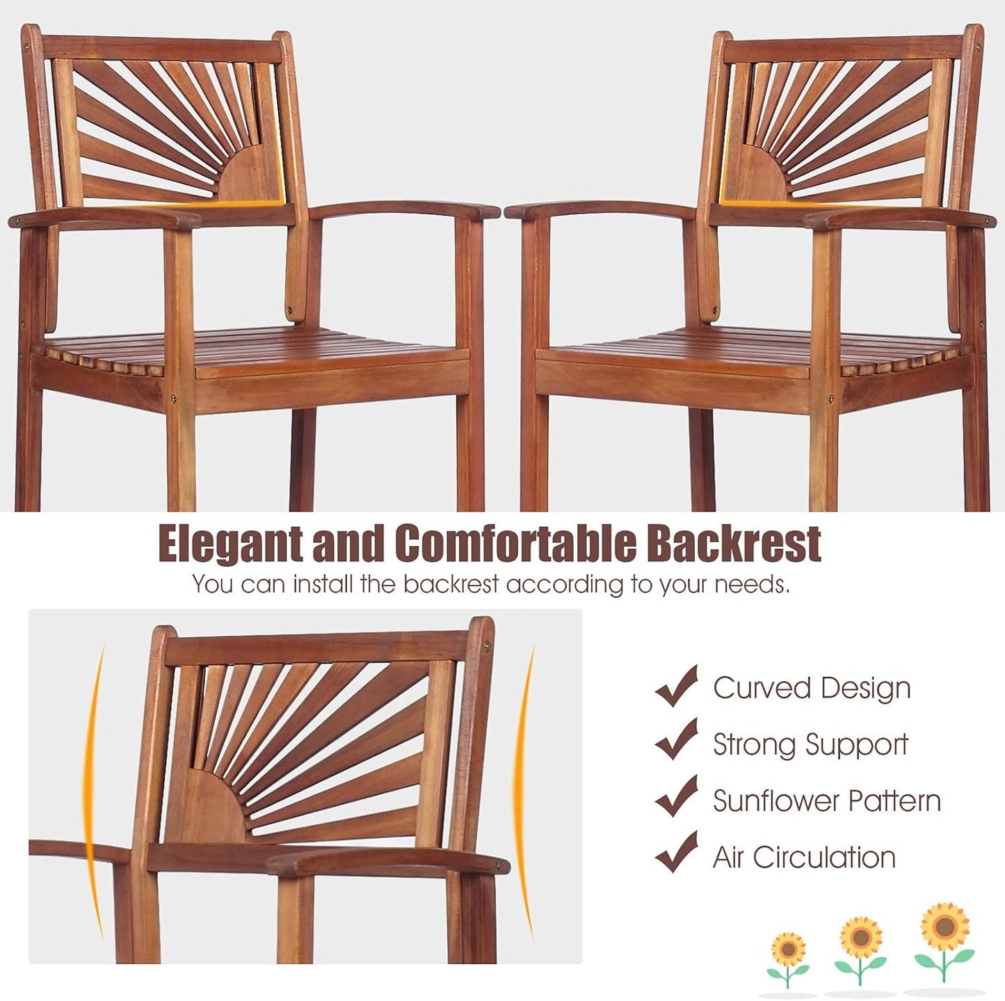 COSTWAY 3PCS Bar Table Set, Outdoor Acacia Wood Dining Set, Spacious Tabletop, Comfortable Backrest, Suitable for Sunroom, Backyard, Balcony, Space-Saving Design
