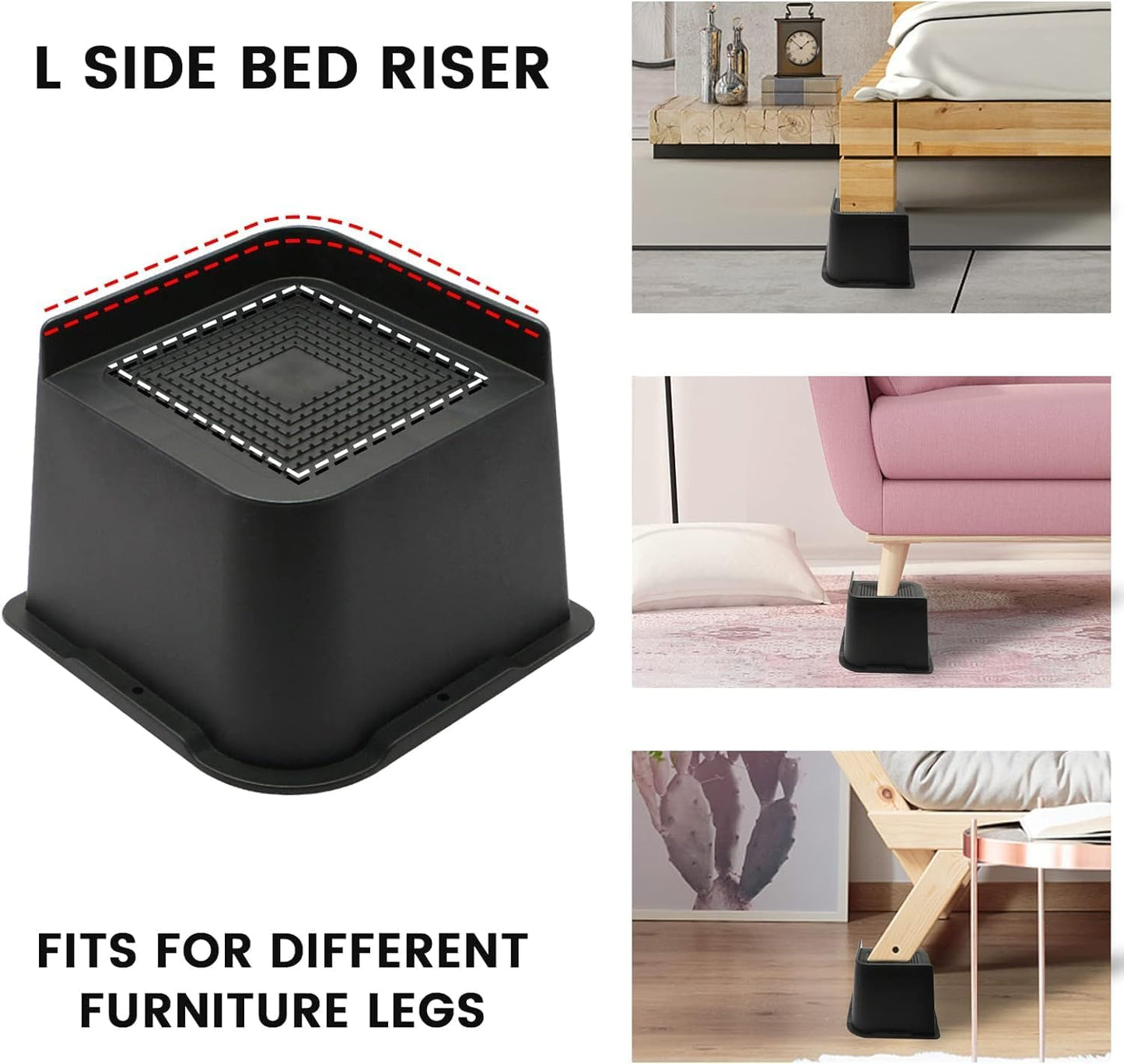 MQFORU Bed Risers 4 inch,L Shape Oversized Furniture Risers,Heavy Duty Support to 6000lbs,Wide Opening Bed Lifts for Bed, Couches, Tables, Desks (Black,4pack)
