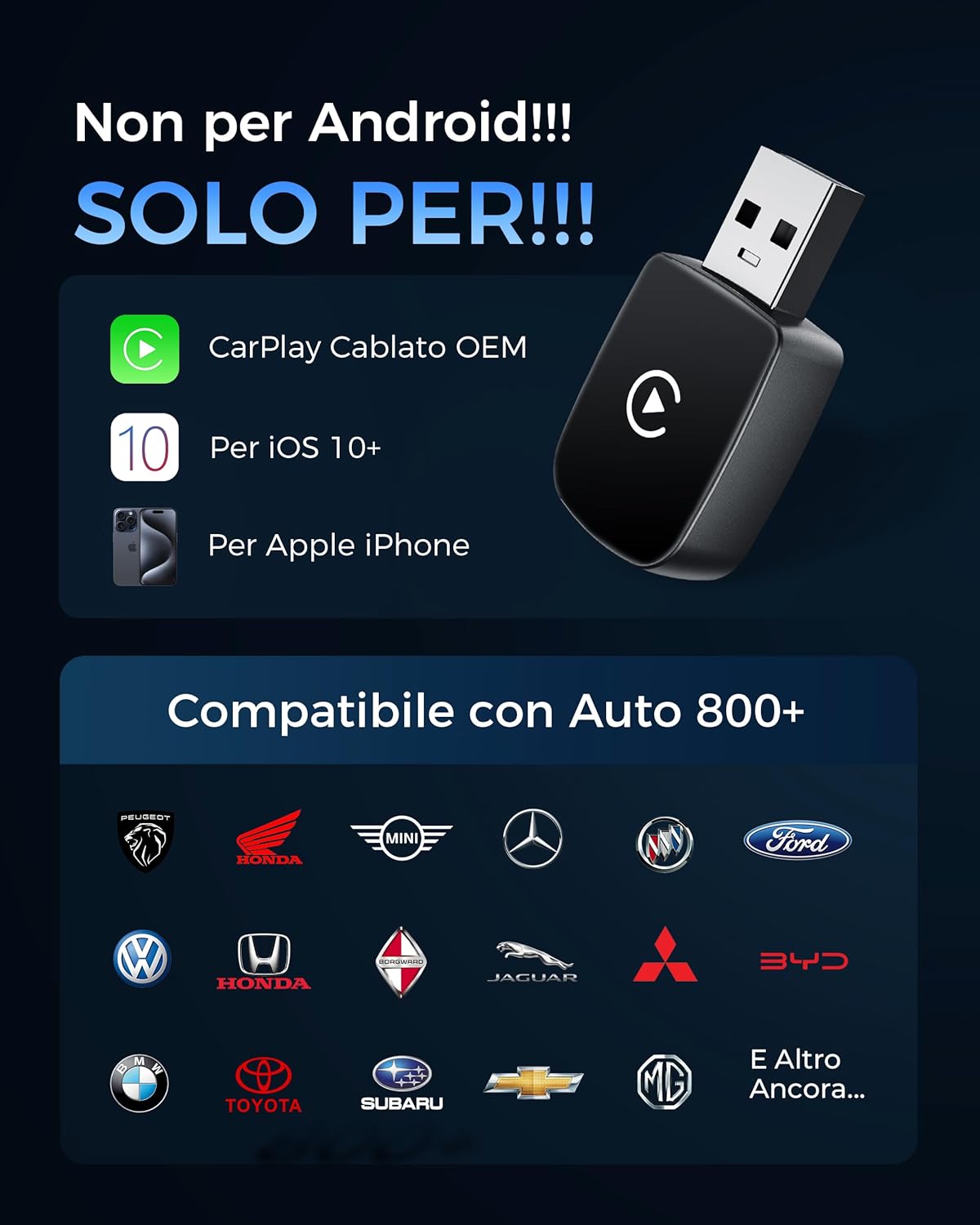 WityEye Carplay Wireless Adapter, Bluetooth V5.3 Stable Connection, 5.8GHz WiFi/USB C/A Fast Data Transfer for Apple iPhone iOS 10+