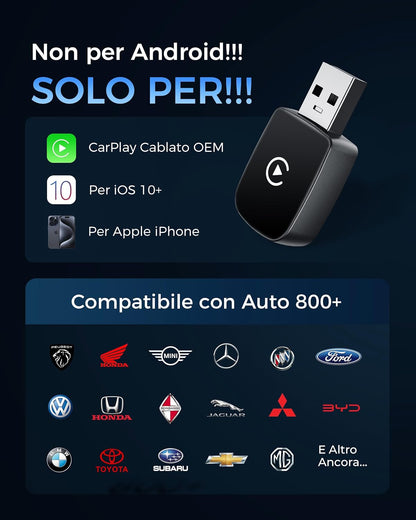 WityEye Carplay Wireless Adapter, Bluetooth V5.3 Stable Connection, 5.8GHz WiFi/USB C/A Fast Data Transfer for Apple iPhone iOS 10+