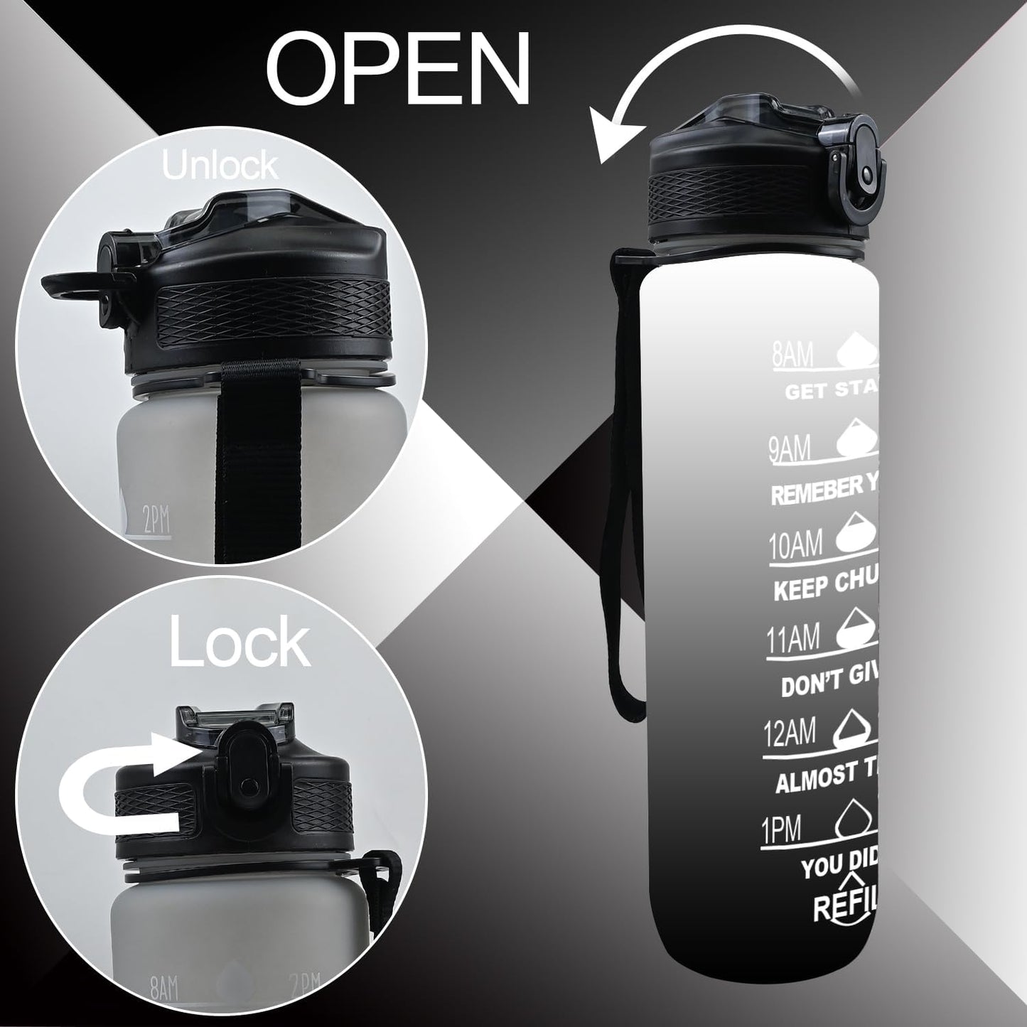 AOOABO TECH Motivational Water Bottle 1 Litre with Straw with Time Marker Leak Proof Tritan BPA Free Fitness School Gym Outdoor Sports (Black+Grey)