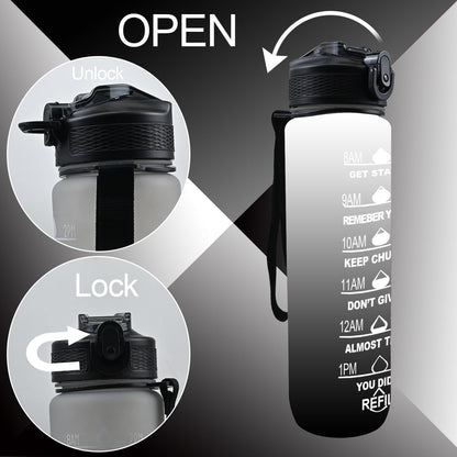 AOOABO TECH Motivational Water Bottle 1 Litre with Straw with Time Marker Leak Proof Tritan BPA Free Fitness School Gym Outdoor Sports (Black+Grey)