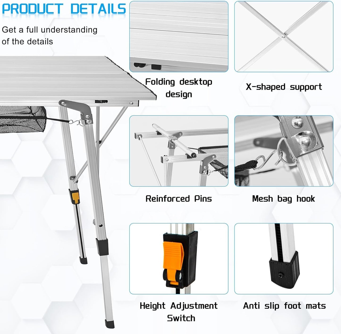 ITHWIU Portable Multi-Functional Camping Liftable Table 47‘’ X 27.5‘’with Aluminum Table Top, Hard-Topped Folding Table with Bag, Suitable for Camping, Picnic, Beach, Dining, Silver