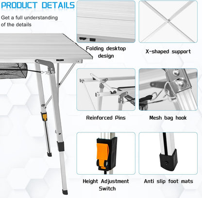 ITHWIU Portable Multi-Functional Camping Liftable Table 47‘’ X 27.5‘’with Aluminum Table Top, Hard-Topped Folding Table with Bag, Suitable for Camping, Picnic, Beach, Dining, Silver