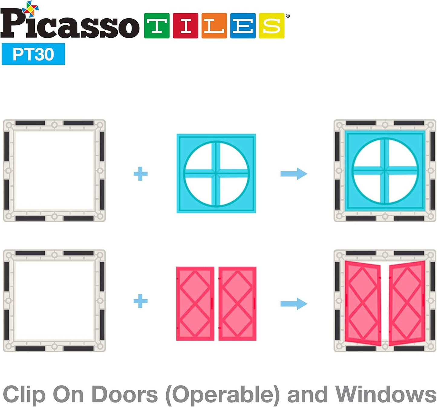 PicassoTiles 30 Piece Window and Door Clip On Magnetic Blocks Magnet Tiles Magnets Building Tile Construction Toy Set STEM Education Toys Learning Kit Stacking Block Playset Boys & Girls Age 3+ PT30