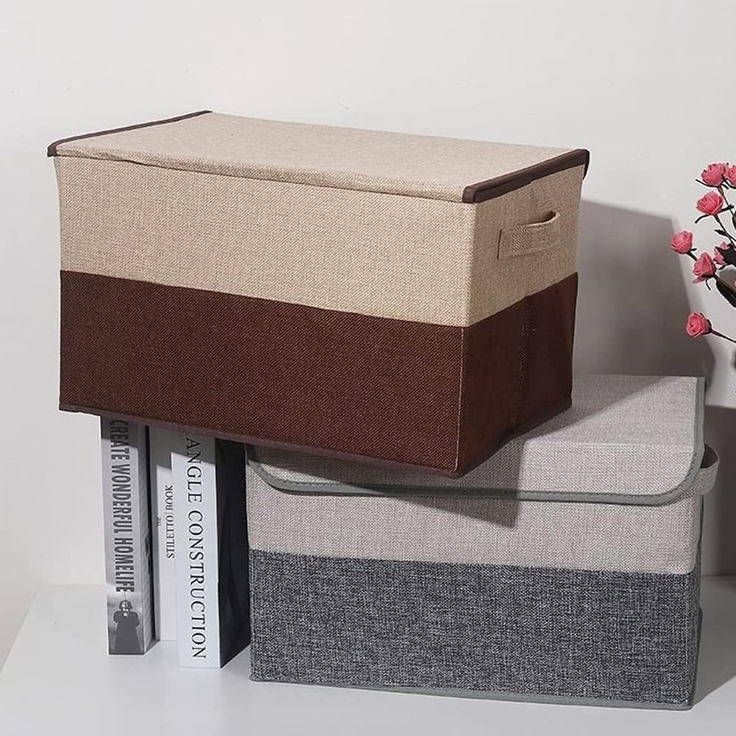 TOJUNE 2 Pack Foldable Storage Box with Lids and Handles, L40 x W28 x H26 cm, Linen Organizers, Clothes Organizers Basket, Capacity 29 L (Grey+ Beige)
