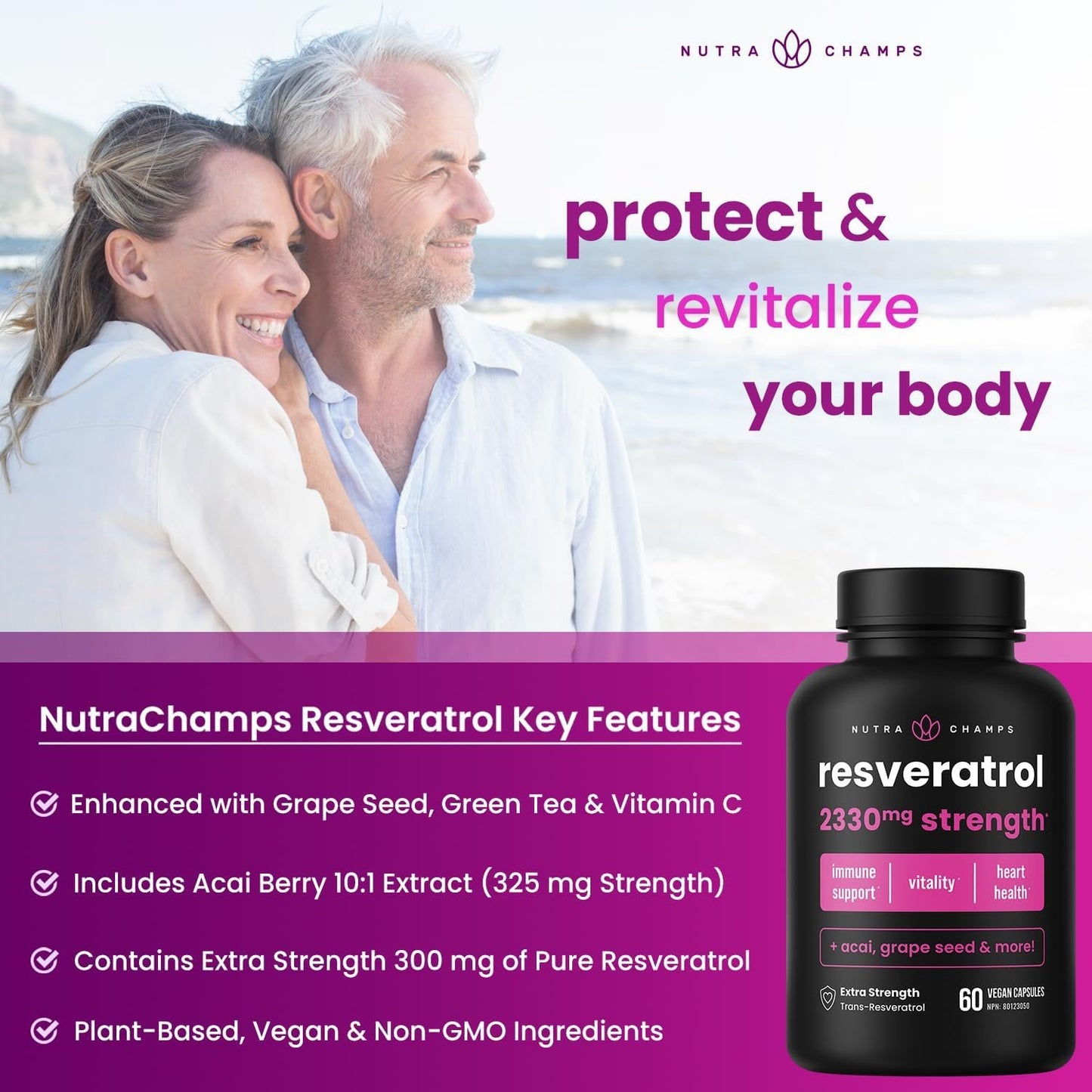 Resveratrol Supplements | 5-in-1 Advanced Formula with Vitamin C, Grape Seed Extract, Acai Berry & Green Tea Extract | Healthy Aging, Immune Support & Heart Health | Vegan & Non-GMO | 60 Capsules