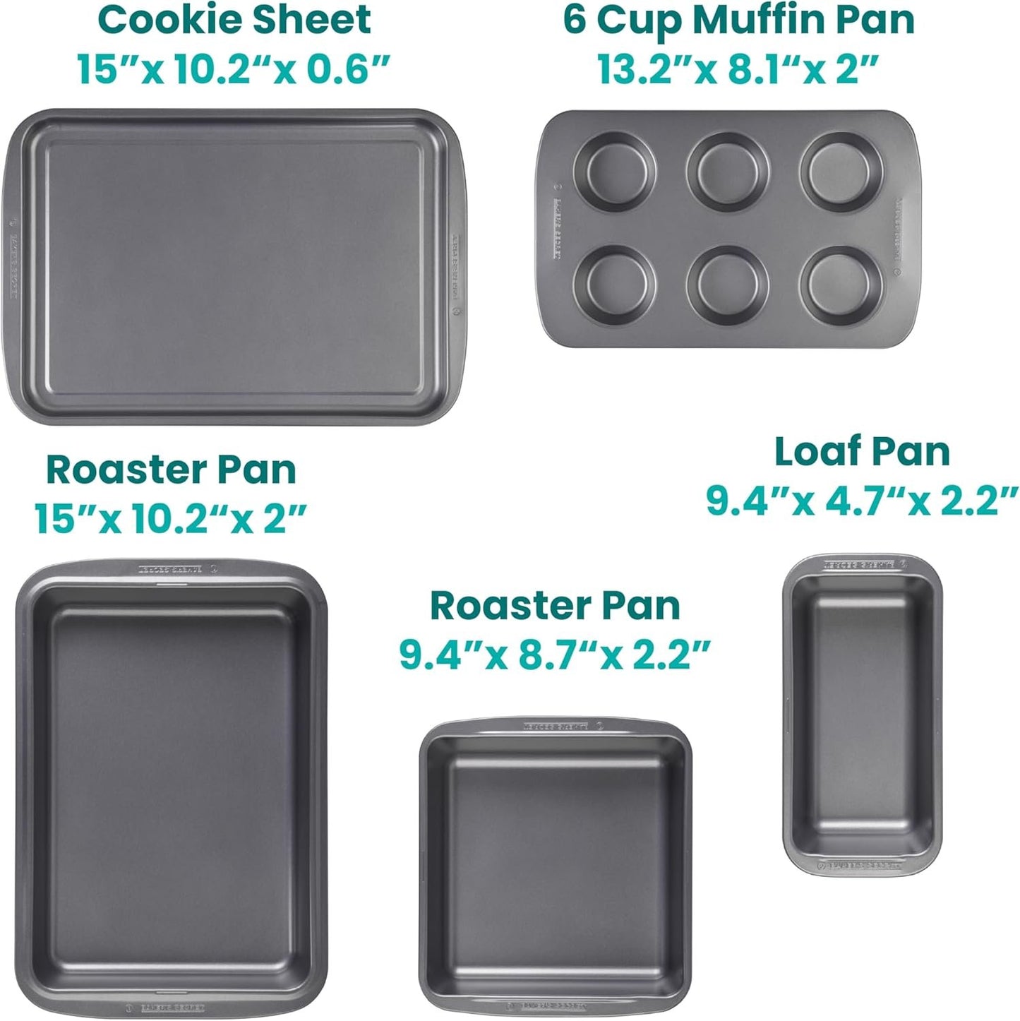 Baker's Secret Baking Pans Set Bakeware Sets Stackable Baking Set of 5 Bakeware Pans, Bakeware Set, Muffin Pan, Roaster Pan, Square Pan, Cookie Sheet, Loaf Pan, Dishwasher Safe, PFOA PFOS PTFE Free