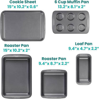 Baker's Secret Baking Pans Set Bakeware Sets Stackable Baking Set of 5 Bakeware Pans, Bakeware Set, Muffin Pan, Roaster Pan, Square Pan, Cookie Sheet, Loaf Pan, Dishwasher Safe, PFOA PFOS PTFE Free