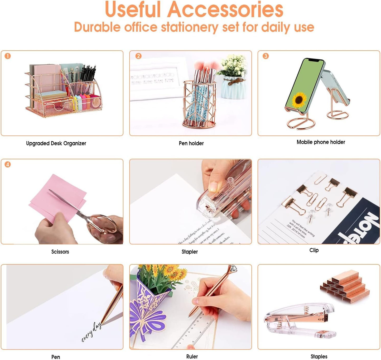 KAAKOW Rose Gold Desk Organizers and Accessories Office Supplies Set Stapler, Pen Holder, Phone Holder, Scissors, Pen, Ruler, 30 Paper Clips, 22 Binder Clip, 20 Tacks and 1000pcs Staples