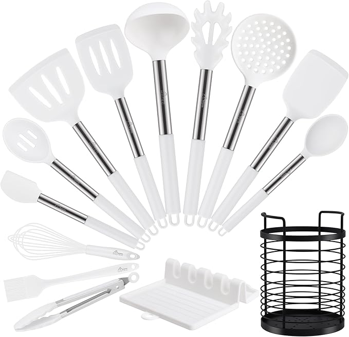 HOTEC Heat Resistant Silicone Kitchen Utensils, Cooking Utensil Set, Spatula Set, BPA Free, Kitchen Gadgets, Utensils Holder, Dishwasher Safe, 14pcs White