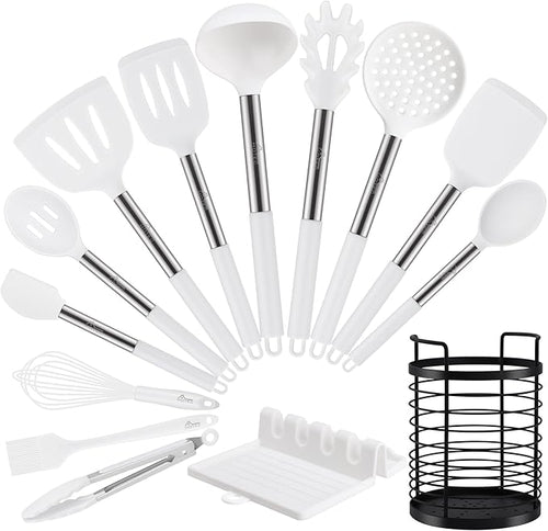 HOTEC Heat Resistant Silicone Kitchen Utensils, Cooking Utensil Set, Spatula Set, BPA Free, Kitchen Gadgets, Utensils Holder, Dishwasher Safe, 14pcs White