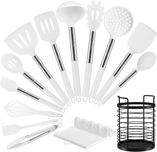 HOTEC Heat Resistant Silicone Kitchen Utensils, Cooking Utensil Set, Spatula Set, BPA Free, Kitchen Gadgets, Utensils Holder, Dishwasher Safe, 14pcs White
