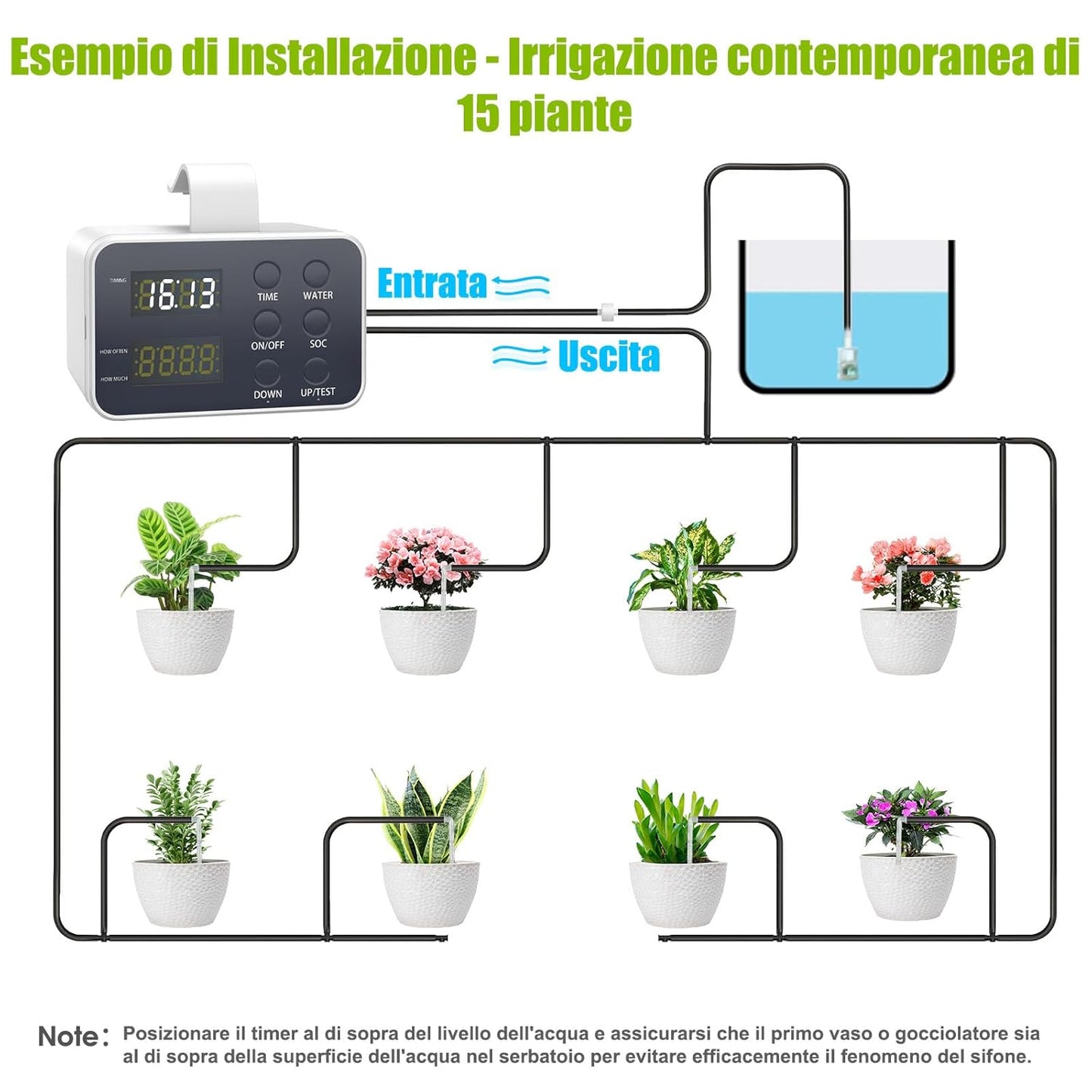 Automatic Watering System for Pots, DIY Drip Irrigation Kit, Rechargeable Plant Sprinkler with Lack of Water Alarm and Battery Discharge, Adjustable Time, Supports 15 Pots