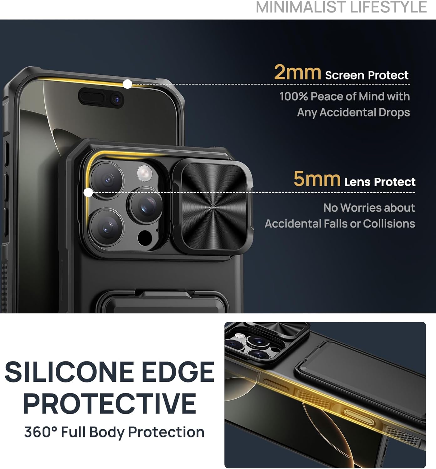 SIXBOX for iPhone 16 Pro Max Case with Card Holder & Kickstand & Slide Camera Lens Cover, Silicone Edge Protection Rugged Heavy Duty Phone Case Cover for iPhone 16 Pro Max 6.9'' 2024, Black