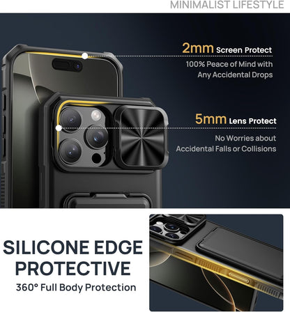 SIXBOX for iPhone 16 Pro Max Case with Card Holder & Kickstand & Slide Camera Lens Cover, Silicone Edge Protection Rugged Heavy Duty Phone Case Cover for iPhone 16 Pro Max 6.9'' 2024, Black