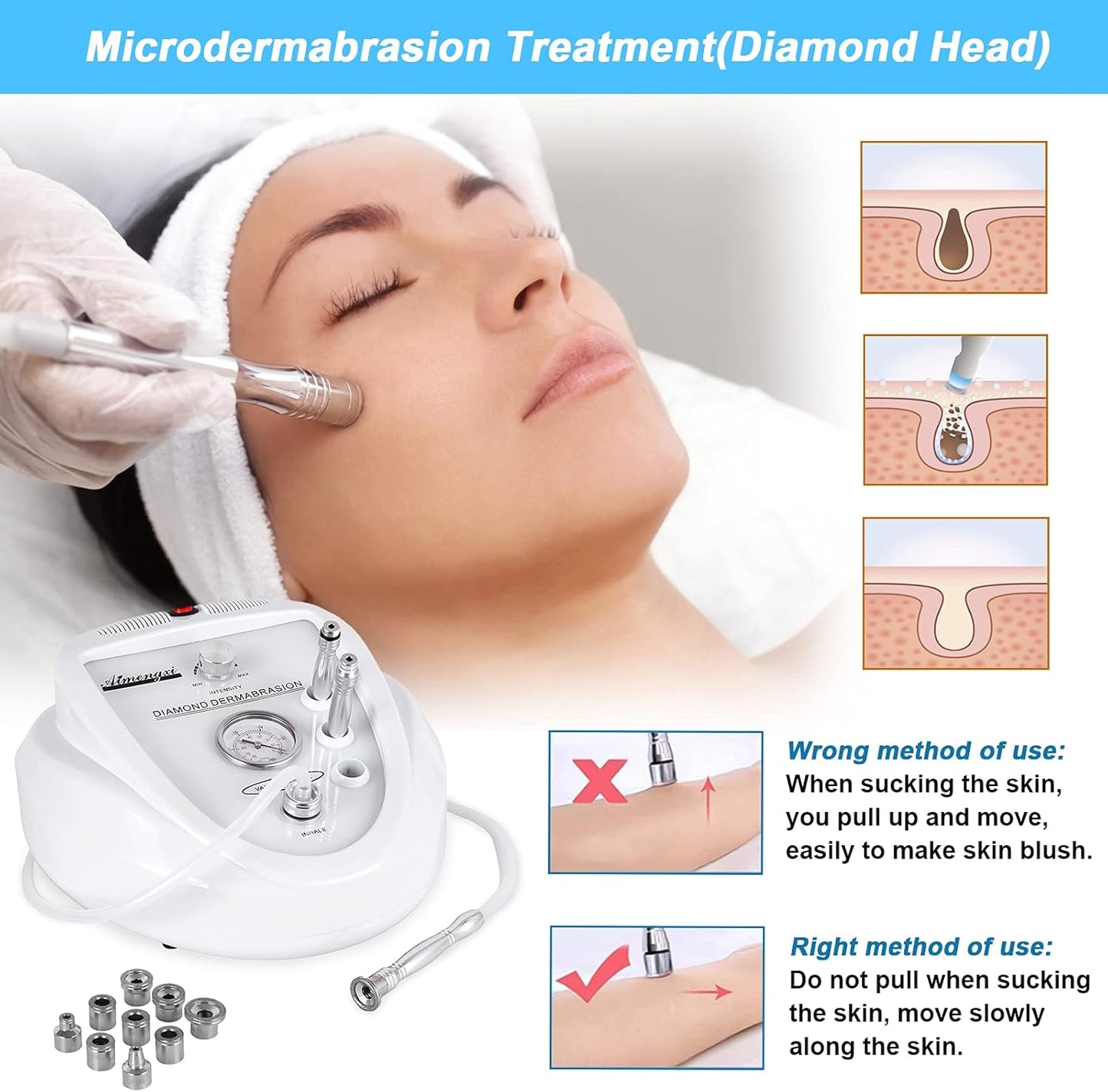 2 in 1 Diamond Microdermabrasion Machine Professional Blackhead Removal Equipment, 65-68cmHg Suction Power Professional Dermabrasion Facial Skin Care Massager for Home Salon Use with 300 Cotton Filter