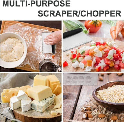 Bench Scraper & Chopper, Aufondof Metal Dough Cutter Pastry Scraper for Cake Pizza Bread, Multi-Purpose Kitchen Gadgets for Baking Cooking, Rubber Grip & Measuring Markings