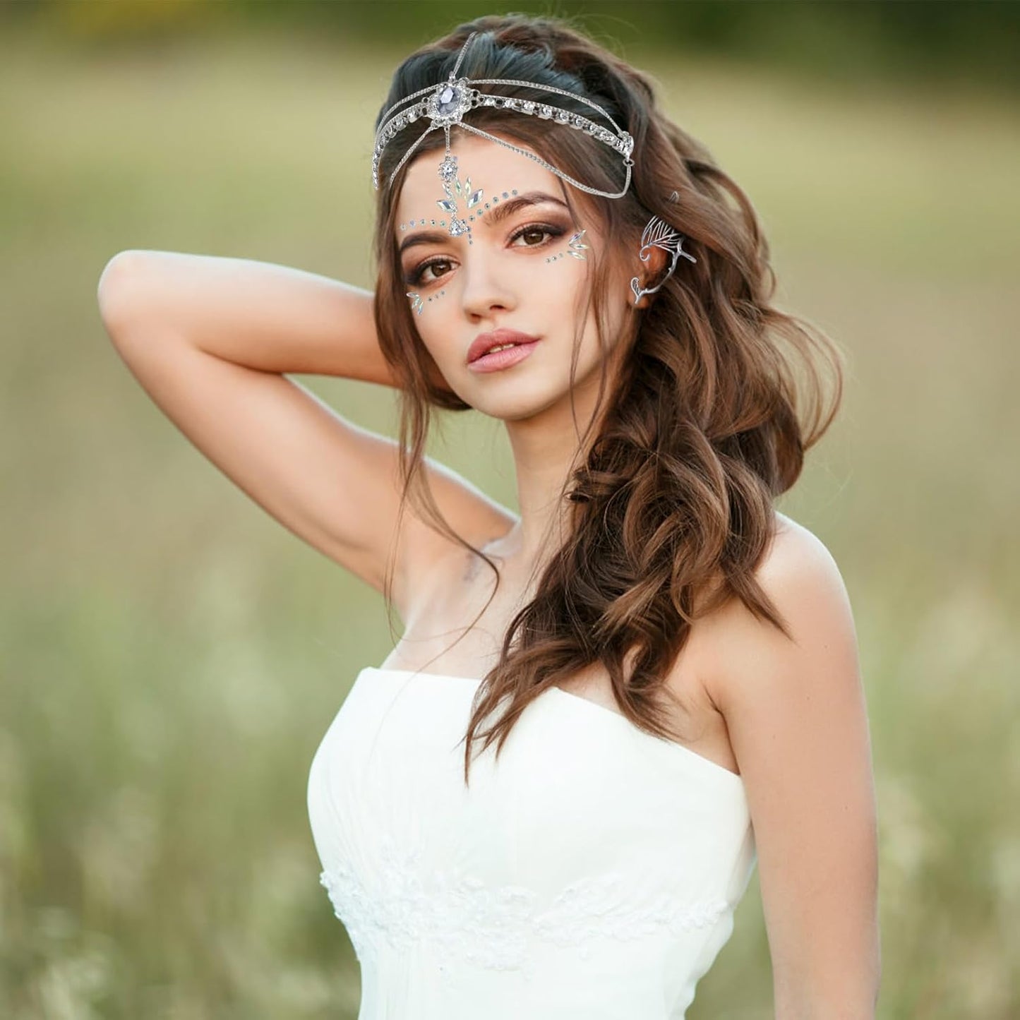 Elf Hair Accessories Boho Women Elf Ears Earrings Silver Hair Jewelry Tiara Elf Crystal Glitter Make Up Stickers Glitter Face Glitter Accessories Headwear Halloween Costume Cosplay, Metal