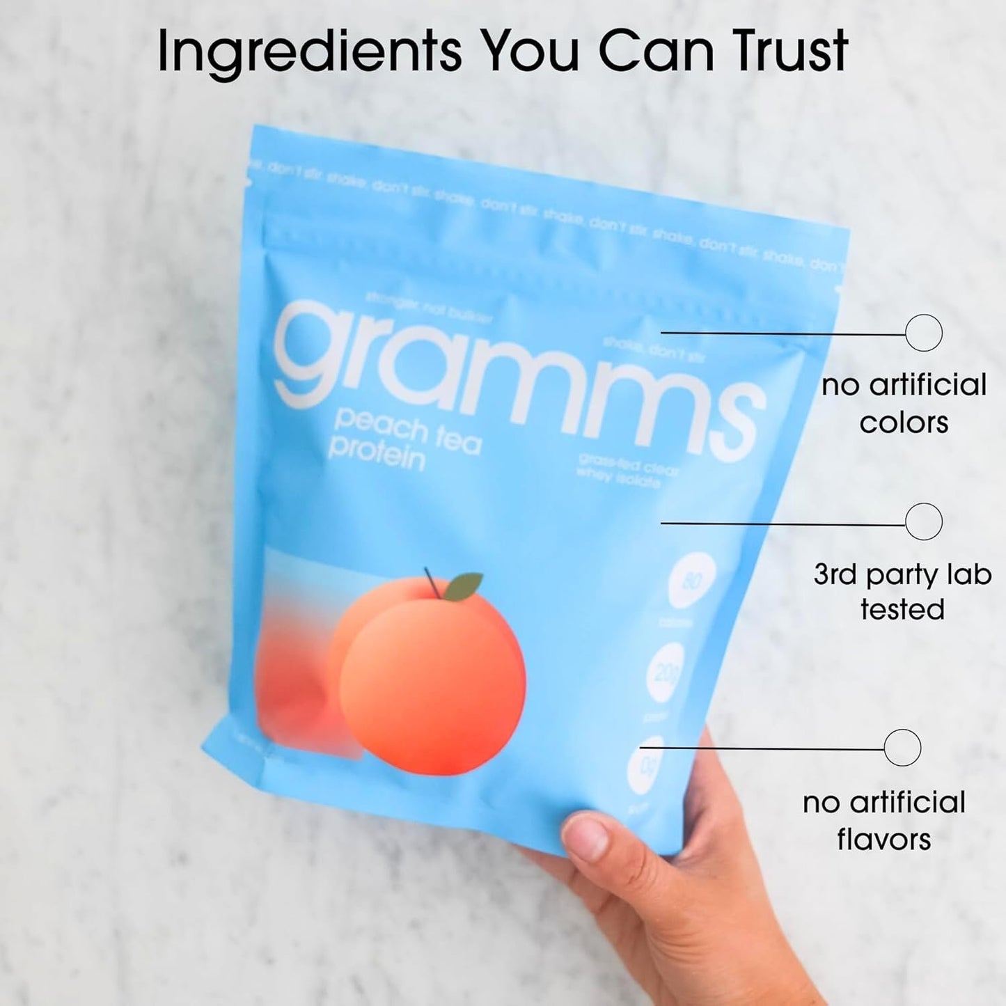 GRAMMS Clear Protein Powder, 18 Servings – 20g Grass-Fed Whey Isolate, Third-Party Lab Tested, Zero Sugar, Zero Lactose, Non-Bloating, Non-GMO, Protein for Women – Light & Refreshing Peach Tea Flavor