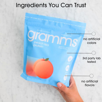 GRAMMS Clear Protein Powder, 18 Servings – 20g Grass-Fed Whey Isolate, Third-Party Lab Tested, Zero Sugar, Zero Lactose, Non-Bloating, Non-GMO, Protein for Women – Light & Refreshing Peach Tea Flavor