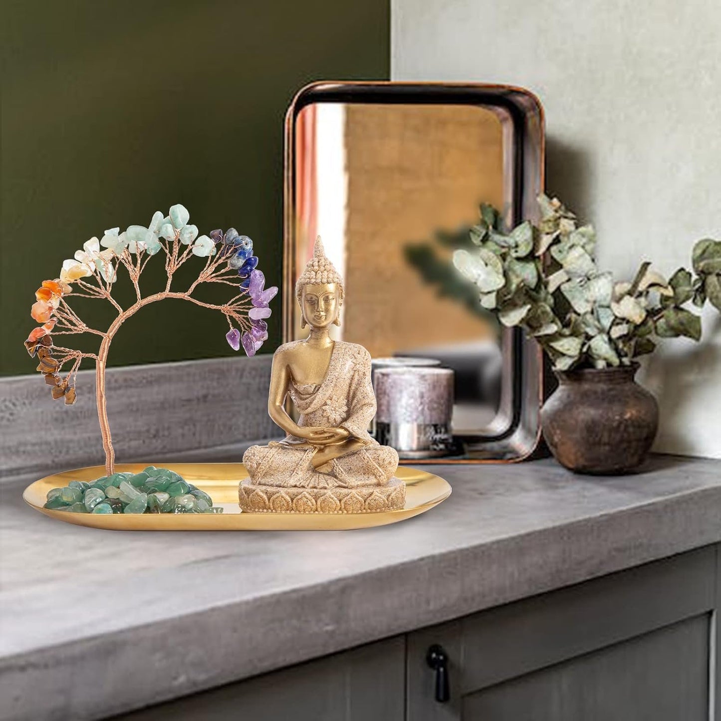 7 Chakra Healing Crystal Tree and Zen Statue, Sakyamuni Buddha Statue, Meditation Chakra Decoration, Home, Shelf, Office, Mantle Decoration, Good Luck，Health and Wealth
