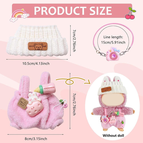 6-6.7 Inch Doll Clothes, Doll Clothes, Doll Accessories, Plush Clothes with 1 Hat, 1 Romper, 1 Camera Backpack (Pink)