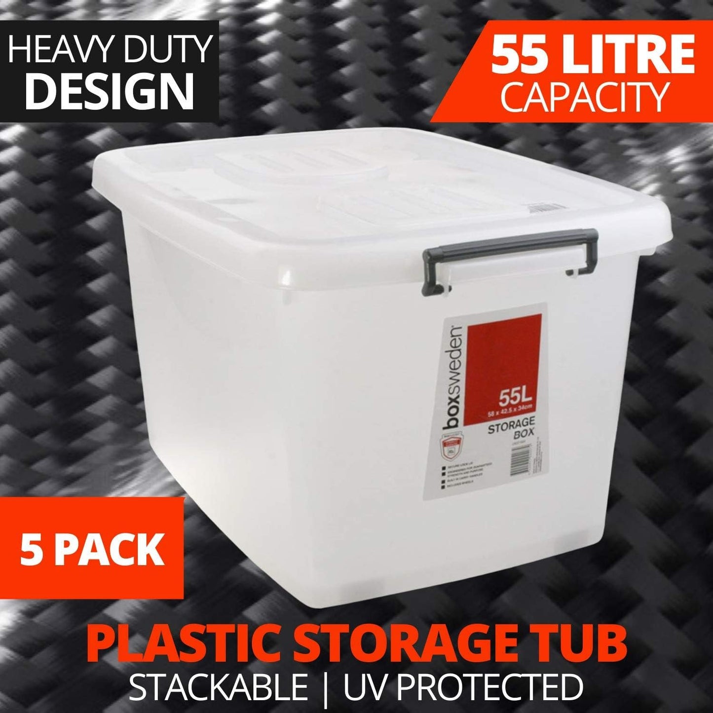 5 x HEAVY DUTY UTILITY STORAGE BINS 55L Stackable Plastic Storage Tub Container Clear Large Storage Box Tote Bin Boxes Bins With Durable Clip on Lid