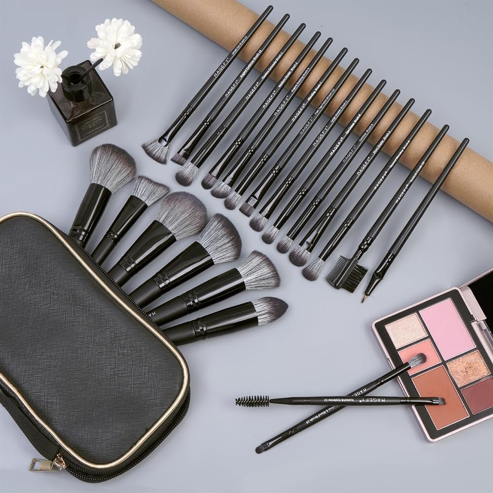 MAGEFY 22 Pcs Makeup Brushes with Case, Professional Makeup Brush Set Face Foundation Brushes Blending Powder Blush Eyeshadow Brushes Makeup Gift for Women Girls（Black)