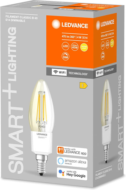 LEDVANCE Wifi Smart LED Bulb, E14 Base, Dimmable Warm White (2700K) Candle Shape, Clear Filament, 40W Replacement Bulbs, Controllable with Alexa, Google, App, 1-Pack