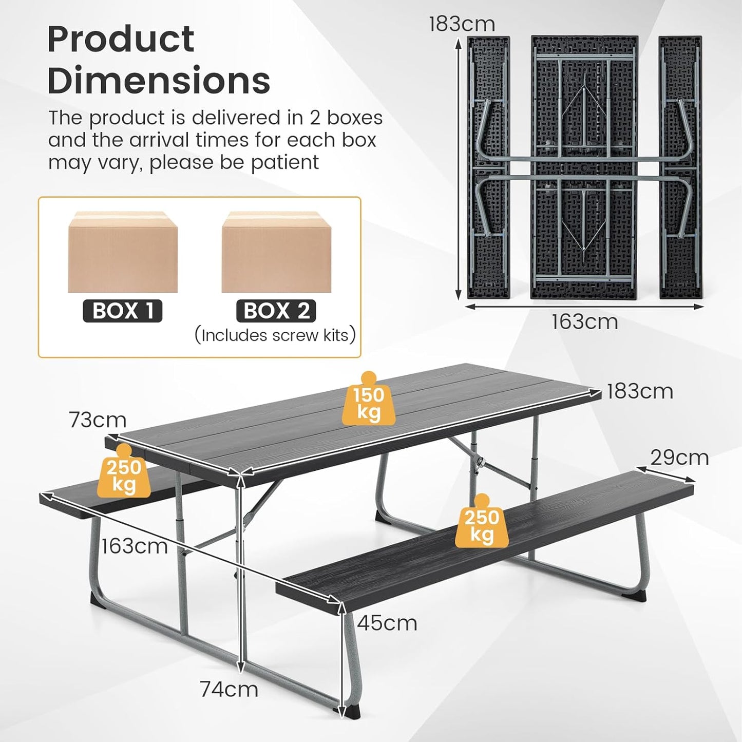 Costway Folding Picnic Table with 2 Benches, 1.8m Camping Table Set w/Metal Frame & All-Weather HDPE Tabletop, Umbrella Hole, 8-Person Large Outdoor Dining Table for Garden Yard Poolside (Black)