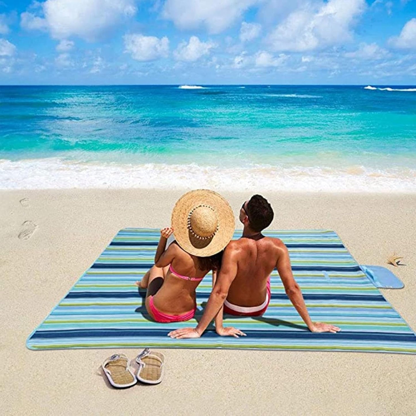 K Y KANGYUN Beach Blanket Outdoor Picnic Blankets Mat 80"x60" Extra Large Waterproof Sand Proof Camping Blanket Lightweight Folding Portable Travel Blanket for Family Park Beach Grass (Blue Line)
