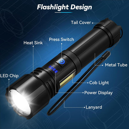 Sigoobal Rechargeable Flashlight, 2 Pack 900000 High Lumens Super Bright Flash Light, 7 Modes with COB Work Light, IPX6 Waterproof, Powerful Handheld LED Flashlights for Camping, Hiking