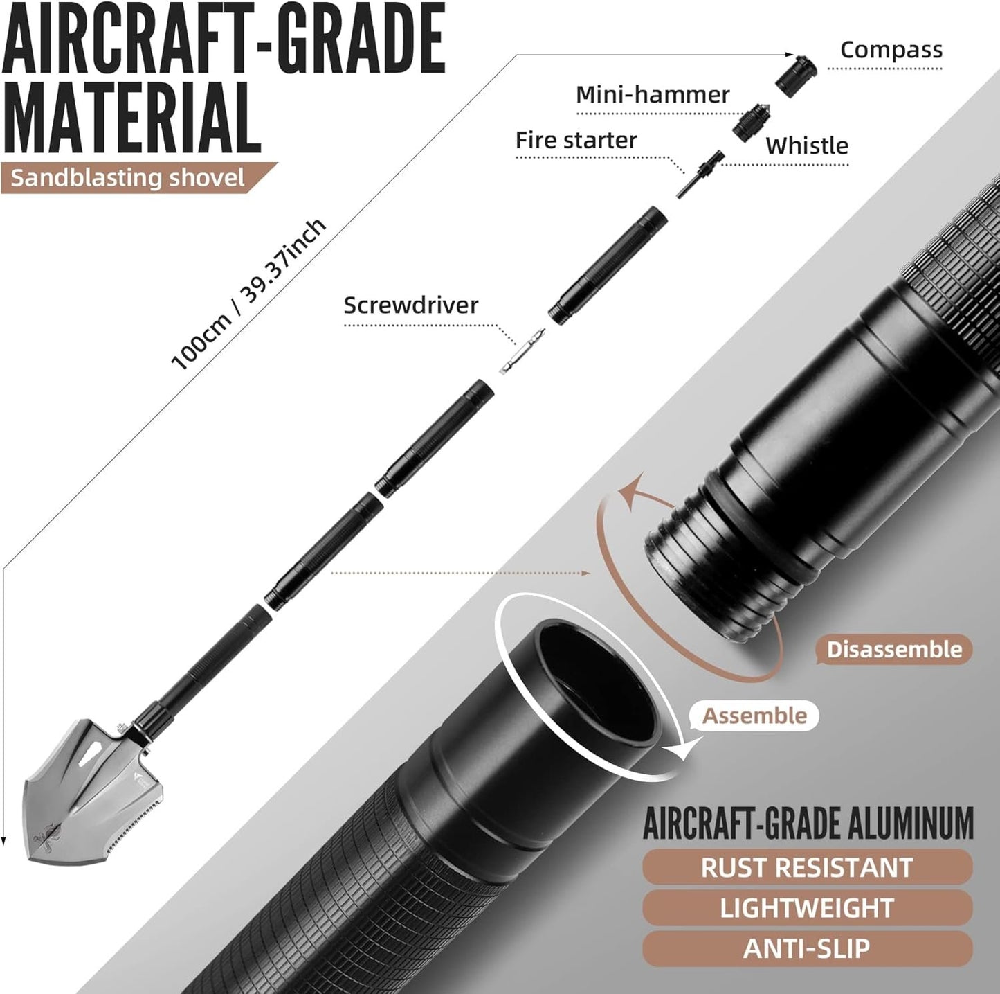 Zune Lotoo Survival Shovel Multitool, 18 in 1 Military Folding Camping Shovel, Foldable Shovel Tactical Spade for Hiking Backpack Car Entrenching Emergency Gear Camping Tools Survival Kits