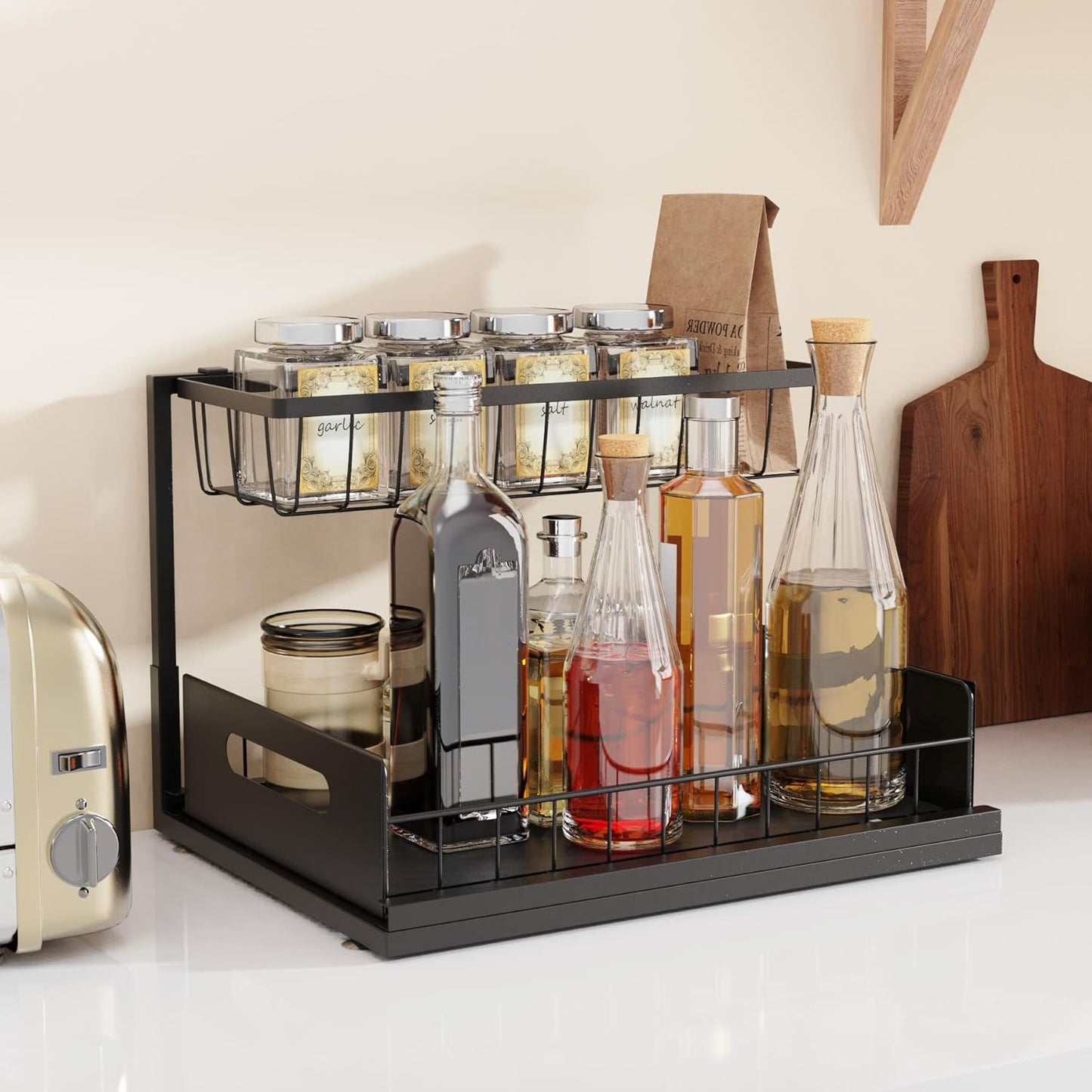 Under Sink Organizer and Storage, 2-Tier Cabinet Storage Shelves Cleaning Supplies Organizers Home Kitchen Bathroom Organization with Pull-Out Sliding Drawer (Black)