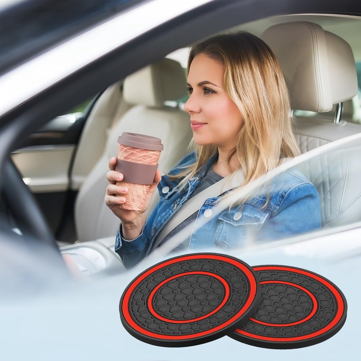 XINLIYA 2 Pack Car Coasters for Cup Holder, 2.75 Inch No-Slip Anti Dust Insert Coaster, Universal Auto Waterproof Coasters Silicon Insulation Cup Mats for Woman Man, Suit for Vehicle Interior（Red）
