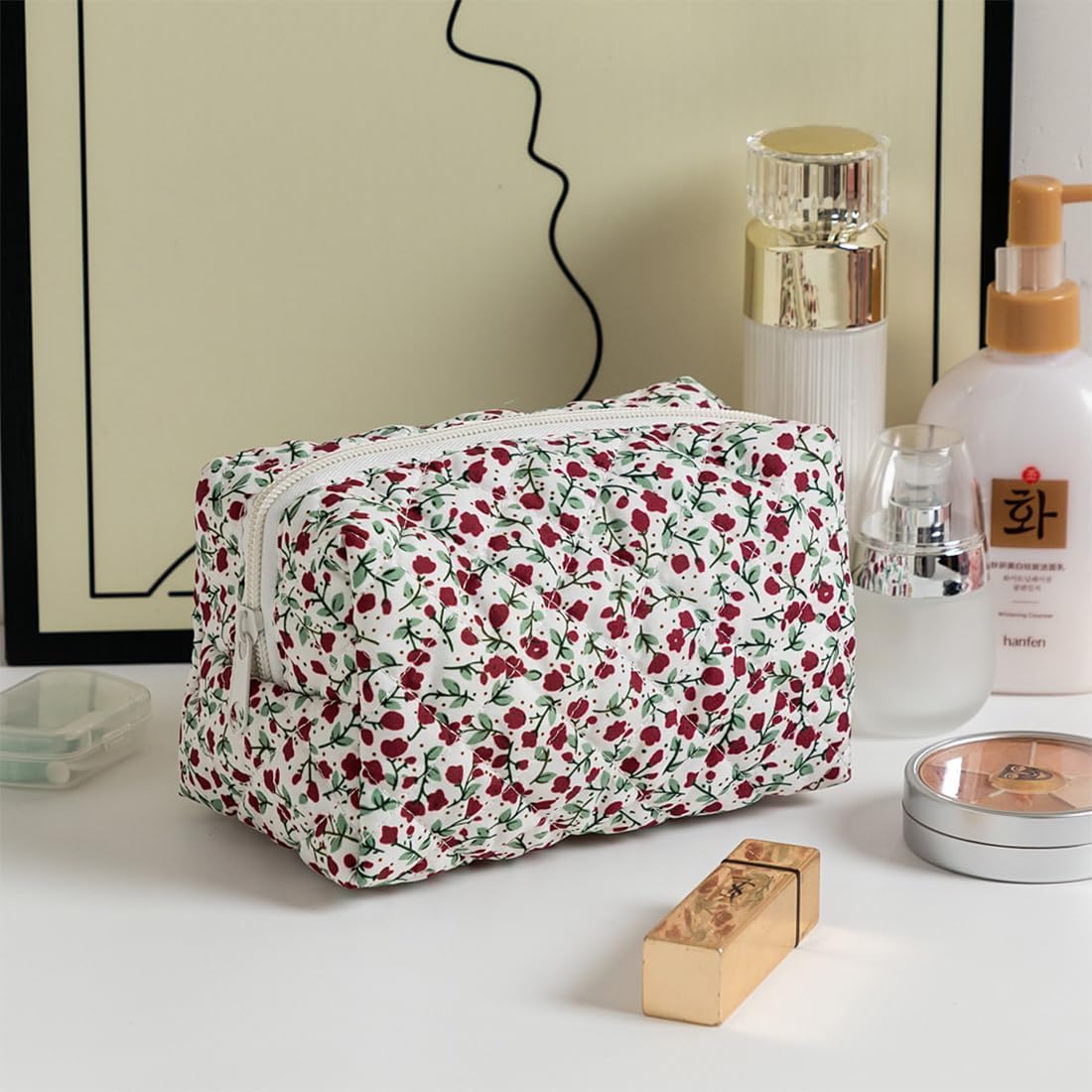 NJCXOLA Travel Cosmetic Bag, Quilted Cosmetic Bag, Floral Pattern Large Capacity Soft Cotton Makeup Bag for Brushes and Beauty Accessories
