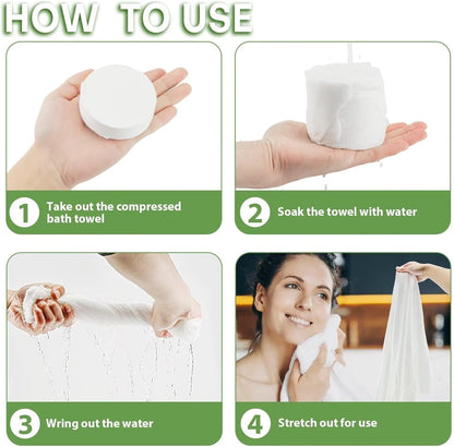 Fancyou Compressed Towel Tablets Large - 100% Cotton Disposable Bath Towels for Travel - 55 in x 27.5 in Travel Cleaning Kit for Hotels Camping Hiking Sports Beach Swimming Vacation [5 Pack Green]