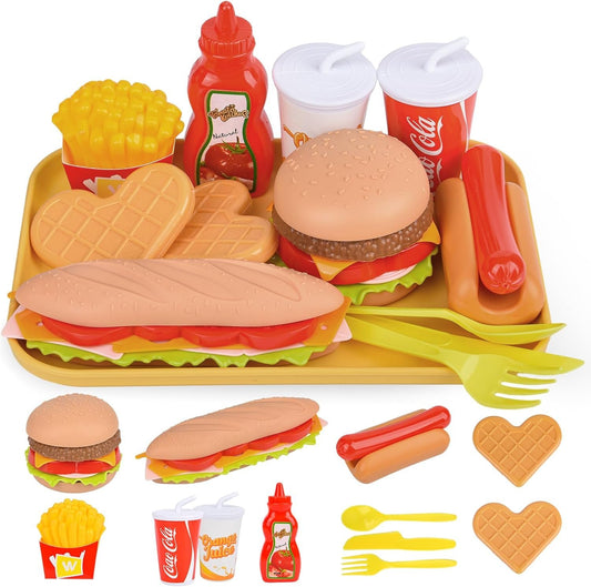 12PCS Pretend Play Food Set,Play Fast Food Toys for Kids with Take Apart Burger and Hot Dog Plastic Food Toy,Play Kitchen Accessories Role Play Toys Gift for Kids Toddler Boys Girls